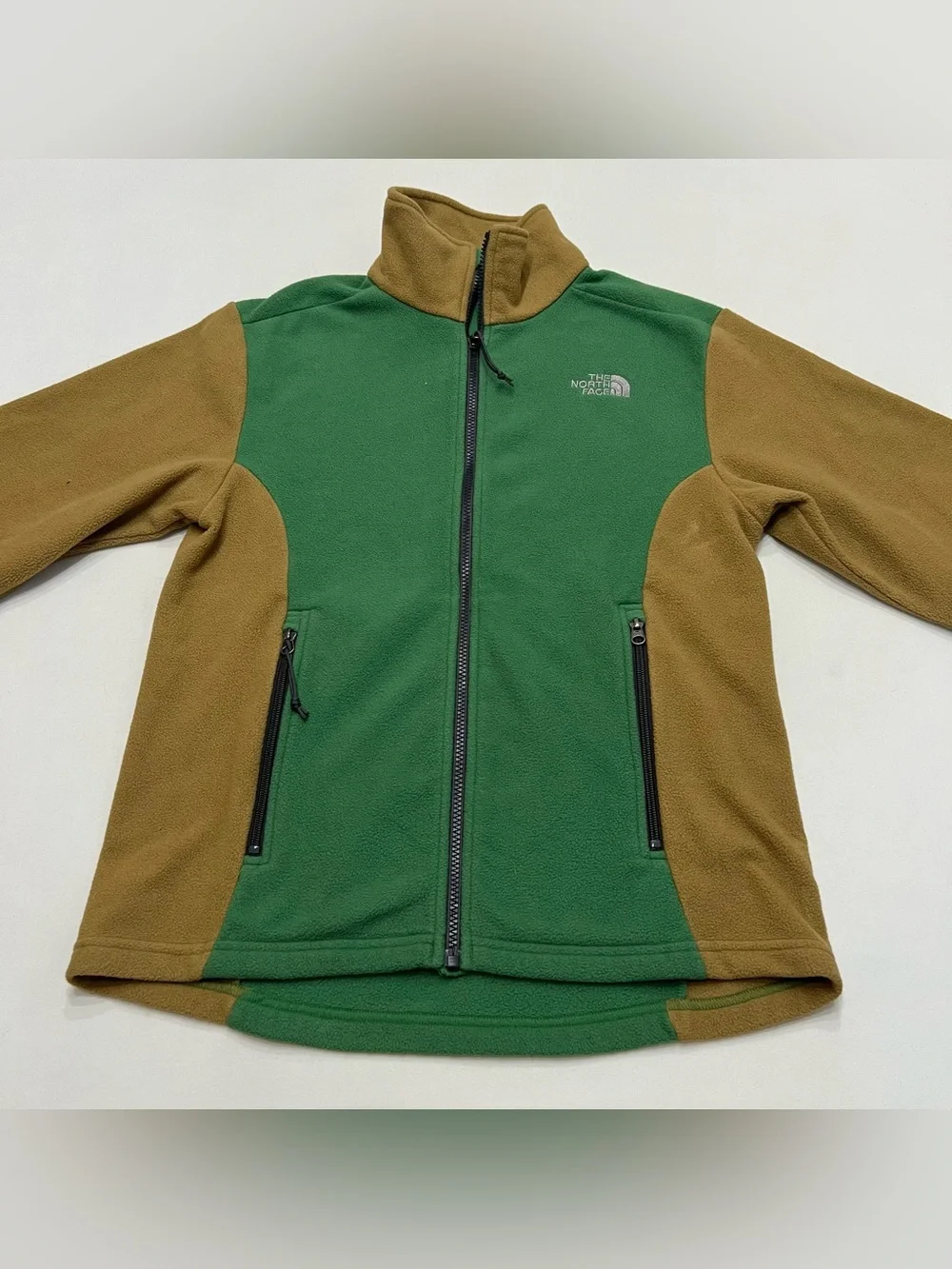 The North Face Full Zip Fleece Sweater Green Tan Color Block Men's Size Small